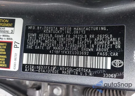 2014 Toyota Camry Se из США, поврежденный, VIN 4T1BF1FKXEU303692